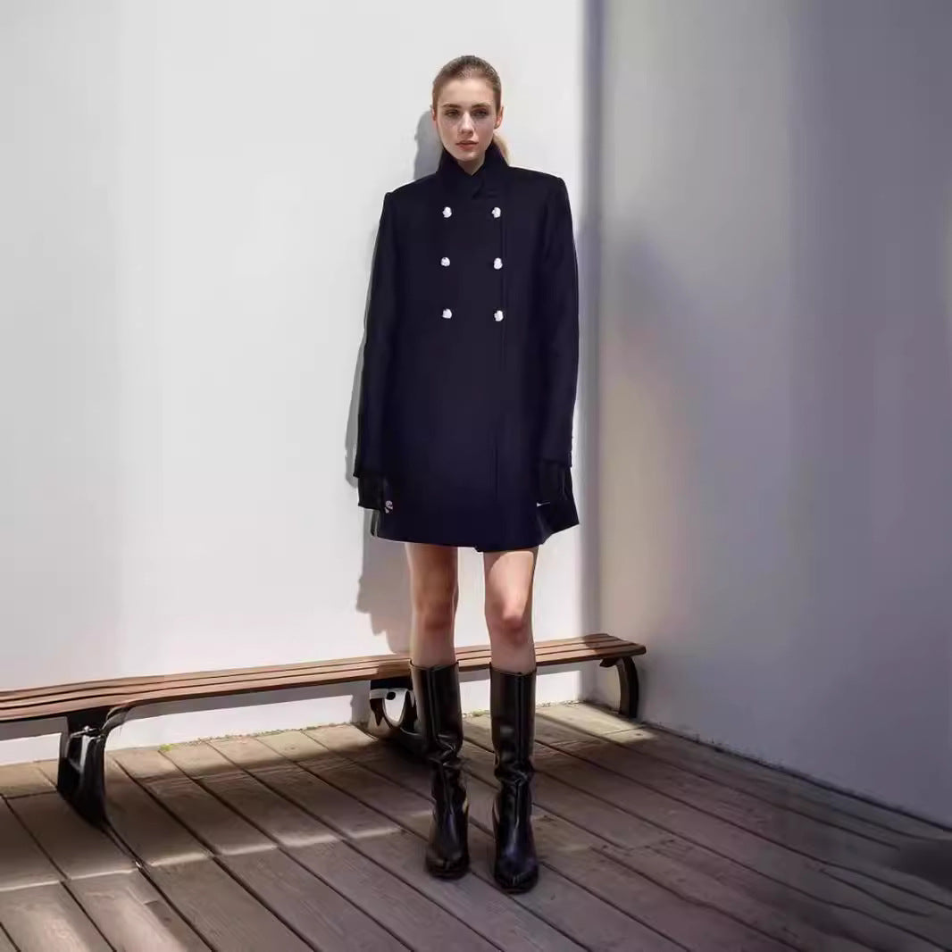 Ladies Elegant Short Double Breasted Coat with Chic Silk Details and Style