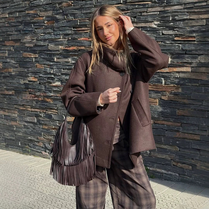 Women Longer Wool Blend Coat with Oversized Cut and Wide Lapel Amarae
