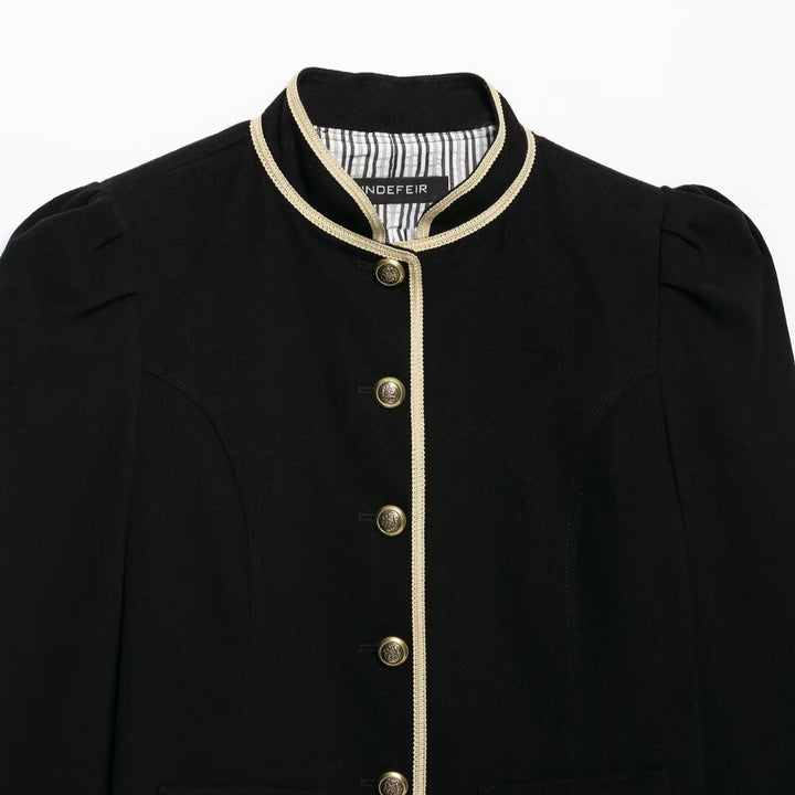 Women Cropped Short Blazer with Stand Collar, Decorative Piping and Medallion Buttons Amarae