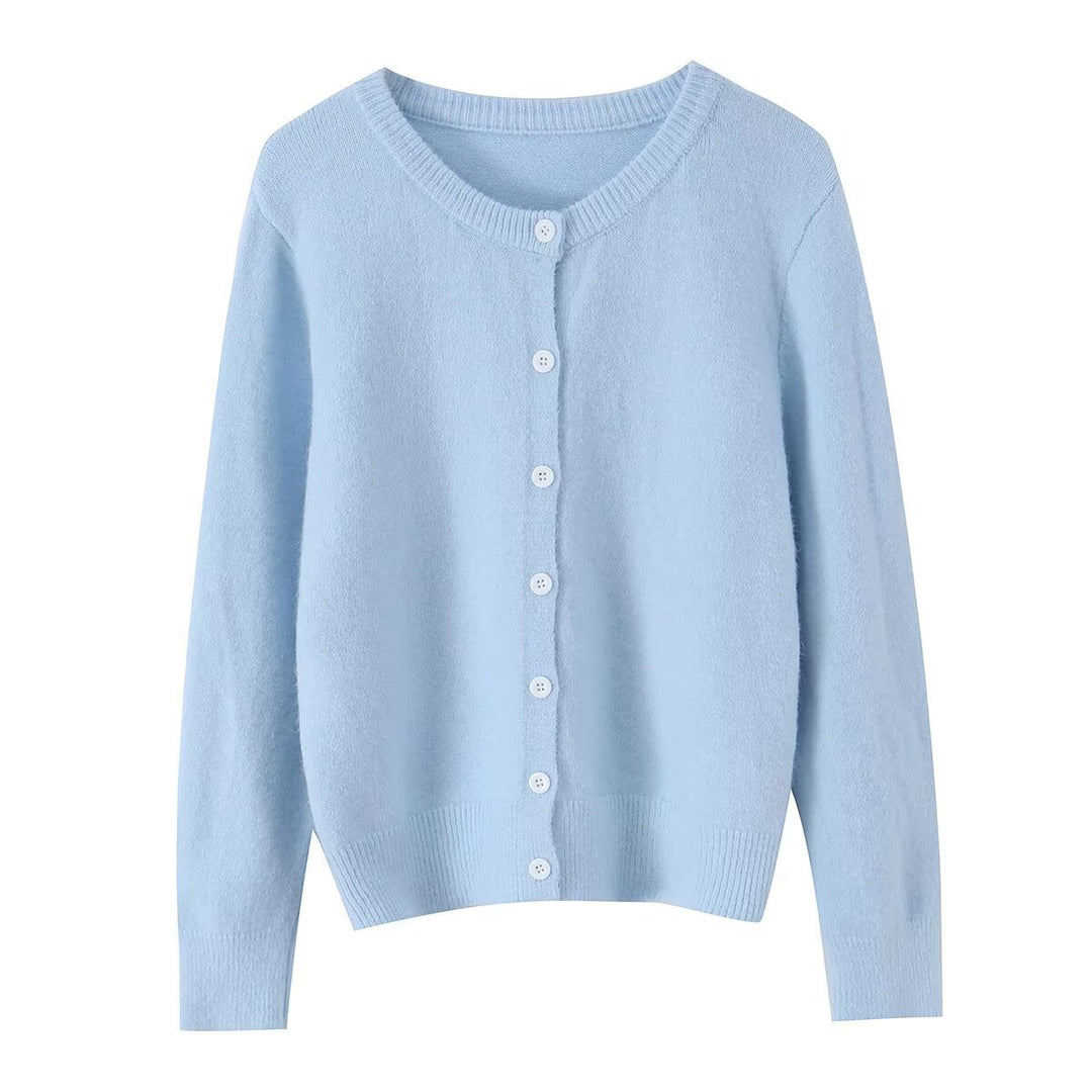 Women's lightweight fine knit cardigan with round neck, ribbed cuffs, and pearl buttons Amarae