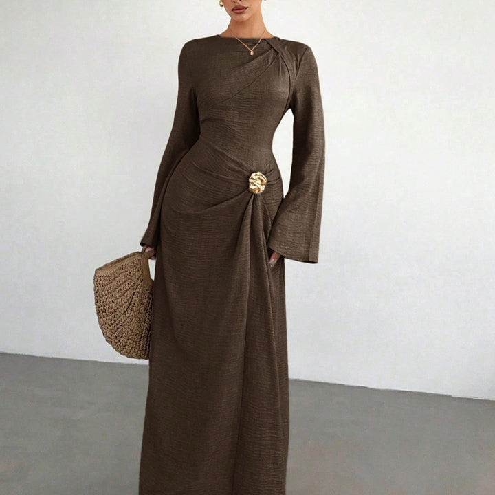 Ladies max dress with draping, decorative brooch and wide trumpet sleeves Amarae