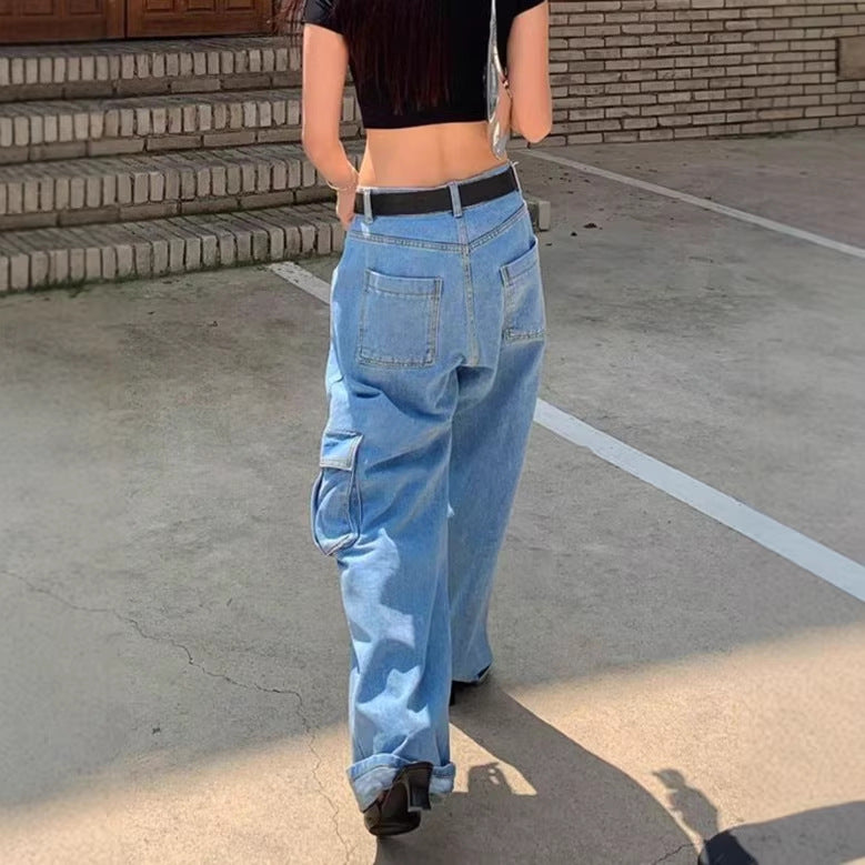 Women Extra Wide Baggy Jeans with Cargo Patches and Low Waist Amarae