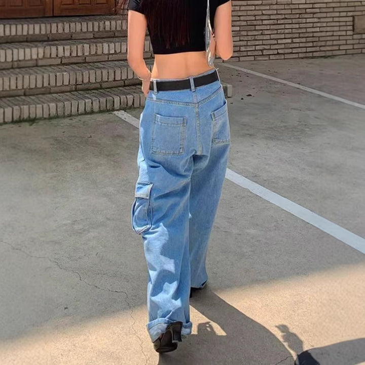 Women Extra Wide Baggy Jeans with Cargo Patches and Low Waist Amarae