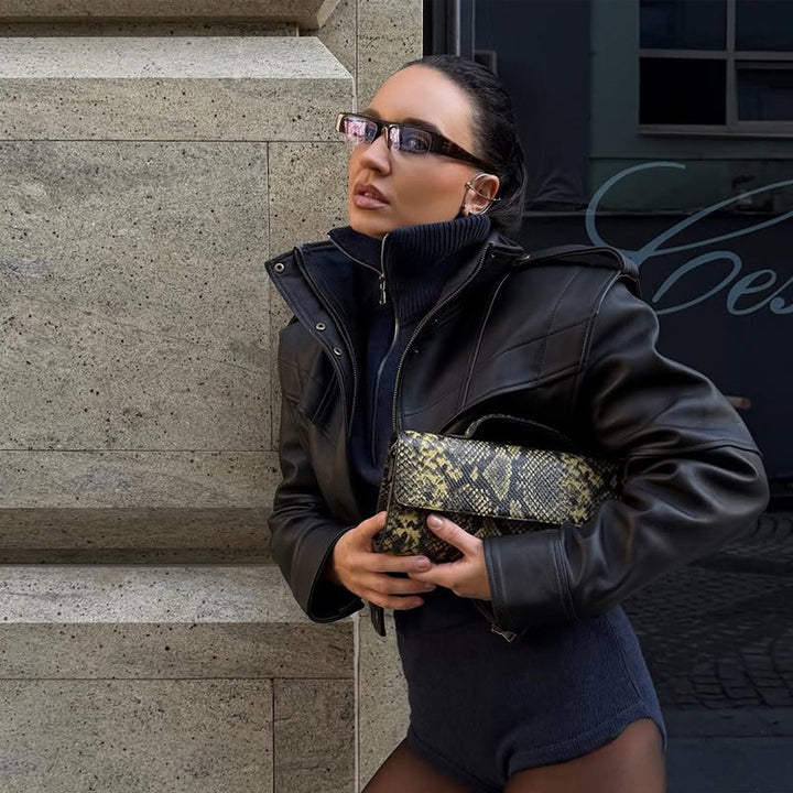 Women Short Vegan Leather Jacket with Distinctive Shoulder Structure and Cropped Cut Amarae