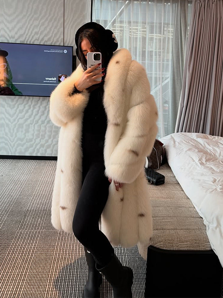 Women longer vegan faux fur coat with hood and voluminous fur collar Amarae