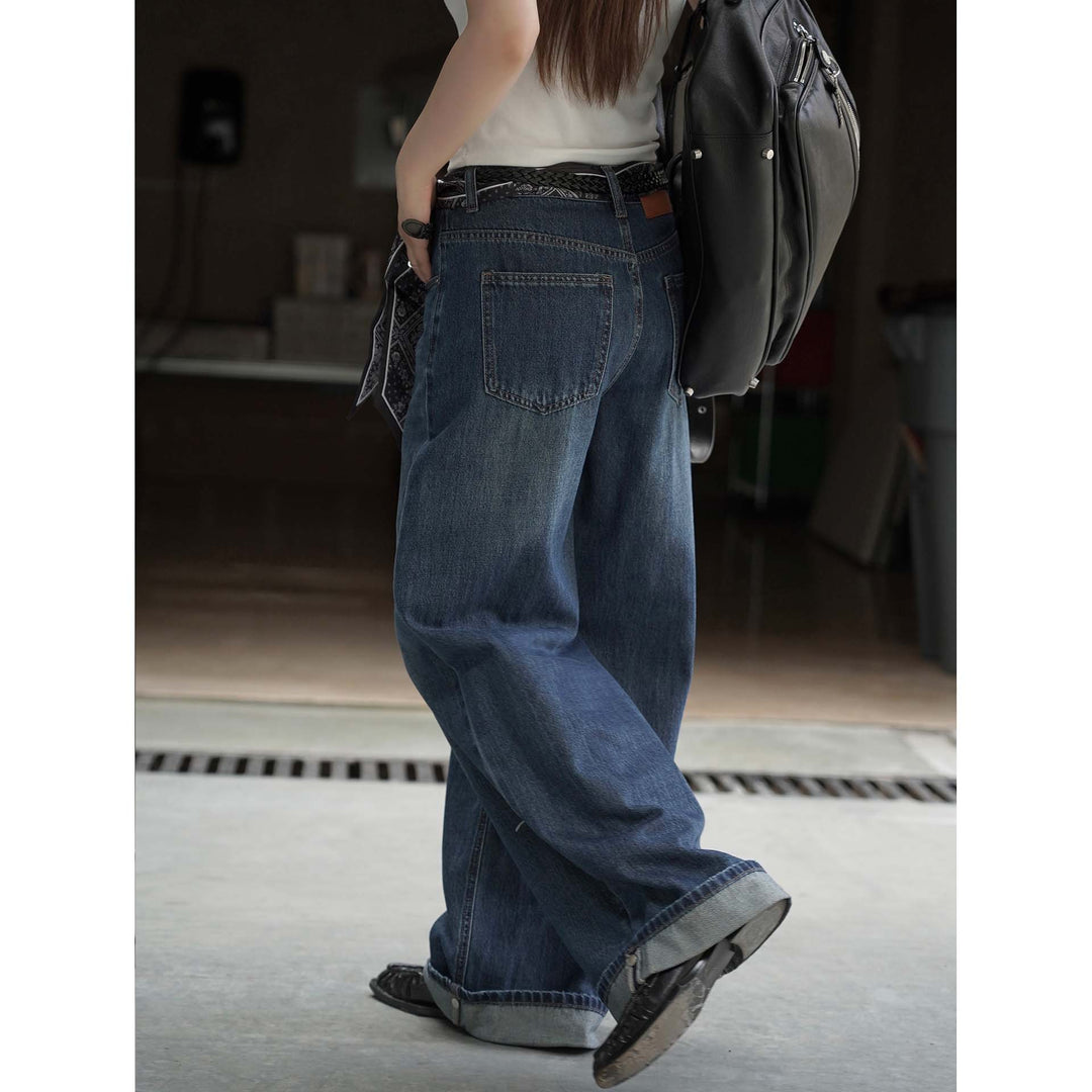 Women Extra Wide Denim Baggy Pants with Deep Crotch, Rolled Hem and Palazzo Fall Amarae