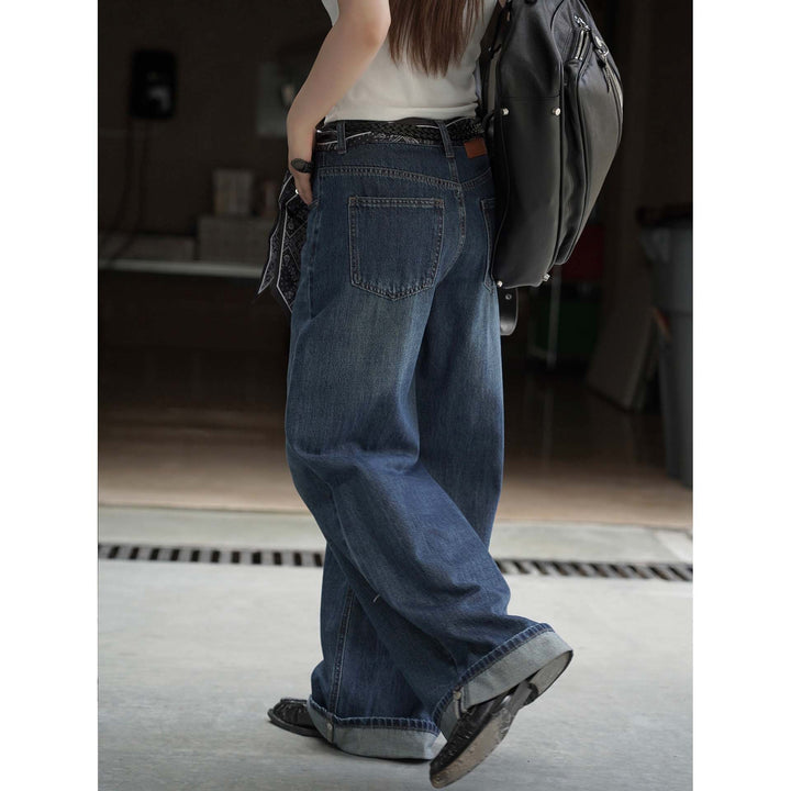 Women Extra Wide Denim Baggy Pants with Deep Crotch, Rolled Hem and Palazzo Fall Amarae