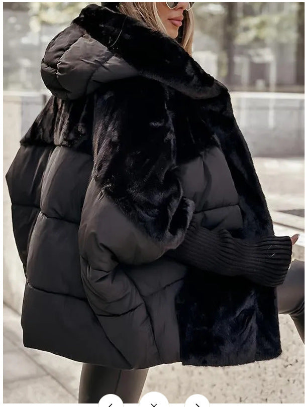 Ladies oversized hooded down jacket with faux fur trim Lune London