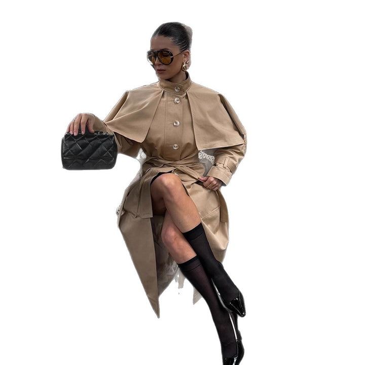 Women Long Trench Coat with Capelet, Waist Belt and Storm Collar Amarae