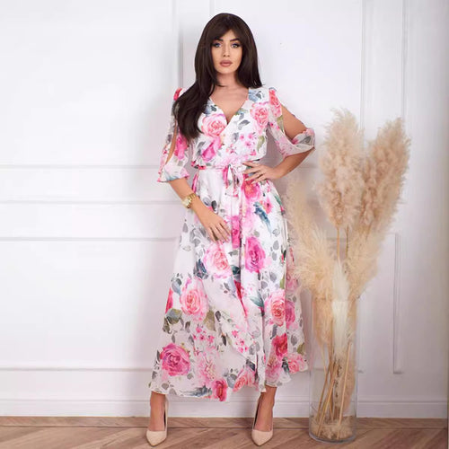 Ladies Maxi Long Dress with Floral Cut and Refined Sleeves Amarae