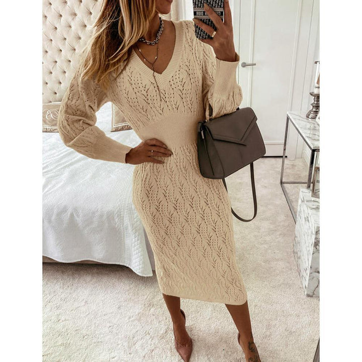 Knitted dress for women with semi-transparent pattern and elegant V-neck Lune London