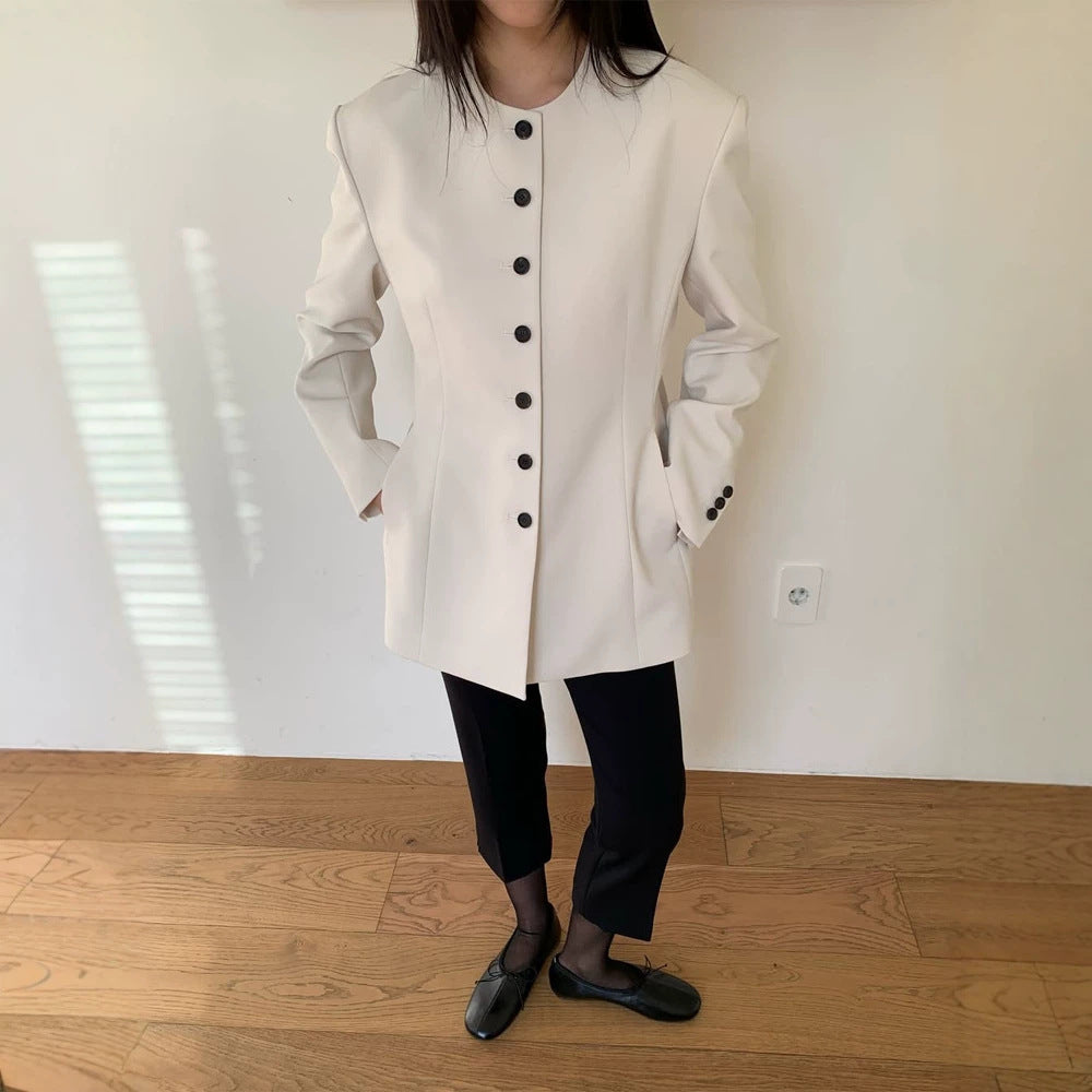 Women's Tailored Blazer with Sculptural Shoulder, Round Neckline and Contrast Button Placket Amarae