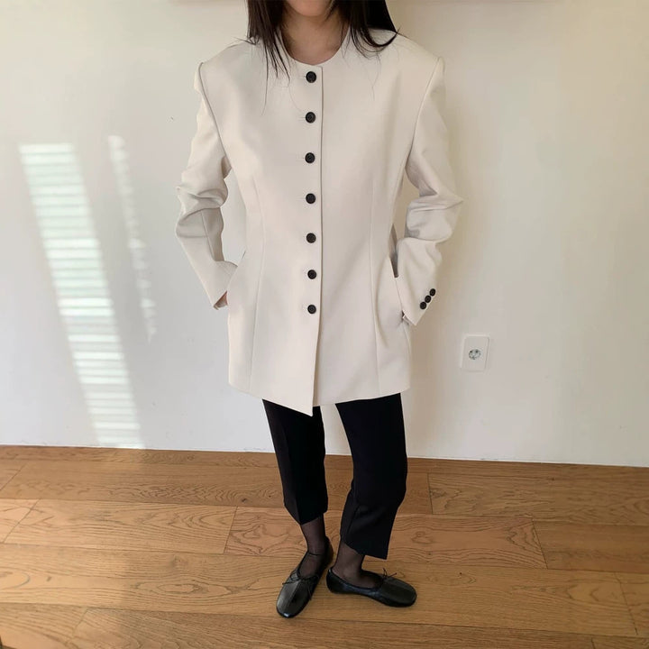 Women's Tailored Blazer with Sculptural Shoulder, Round Neckline and Contrast Button Placket Amarae