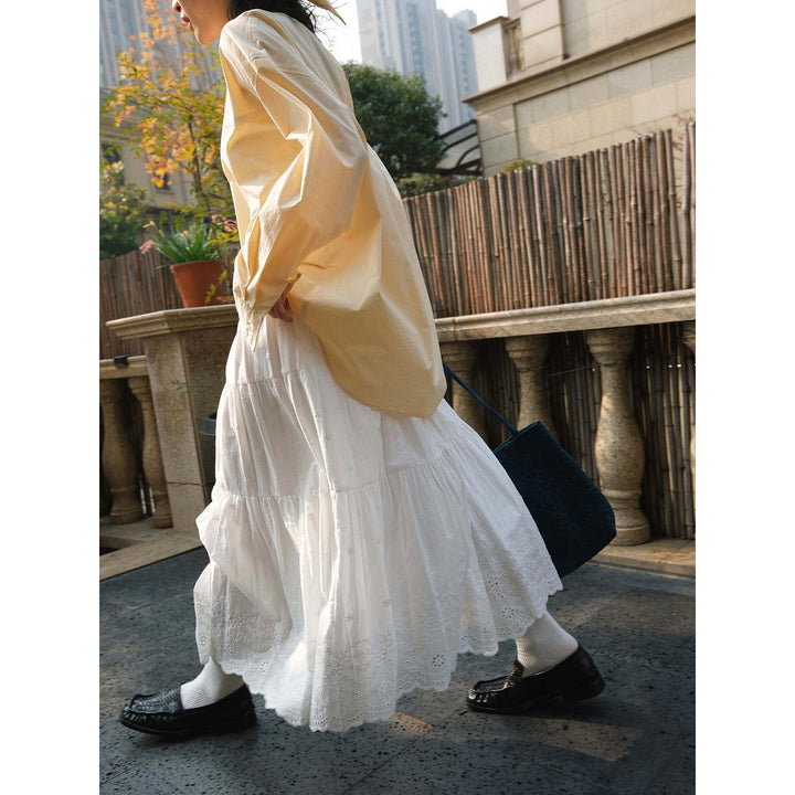 Ladies Long Tiered Ruffle Skirt made of Cotton Embroidery with Lace Edge Amarae