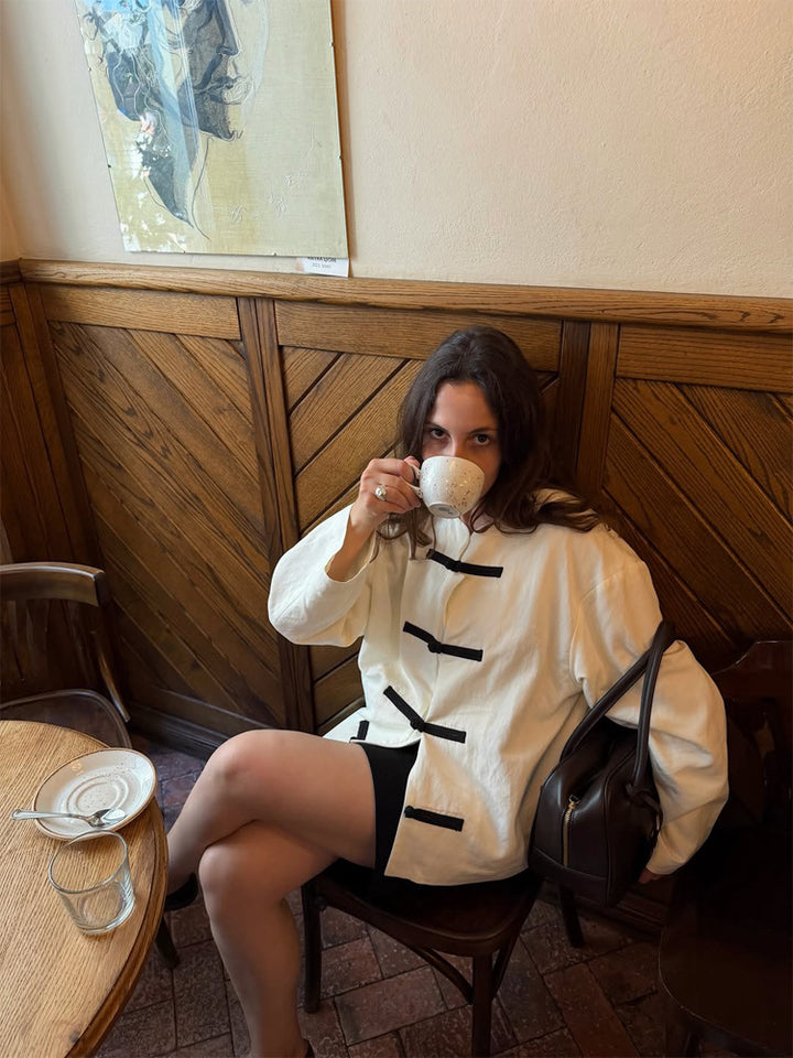 Women's Oversize Boxy Jacket with Toggle Closures and Mandarin Collar Amarae