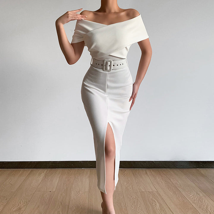 Evening dress for ladies with off-shoulder design and high slit Lune London