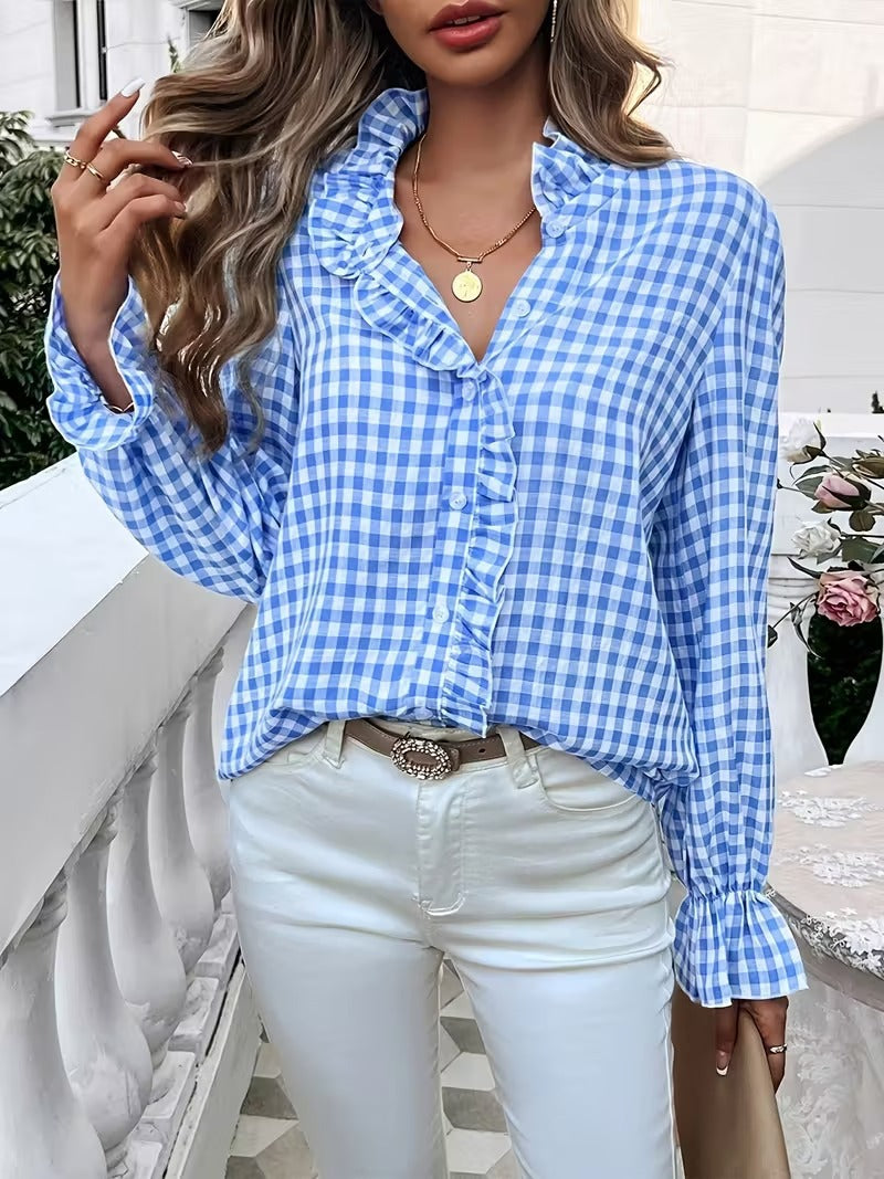 Women checked ruffled blouse with stand-up collar, concealed button placket and bell sleeves Amarae