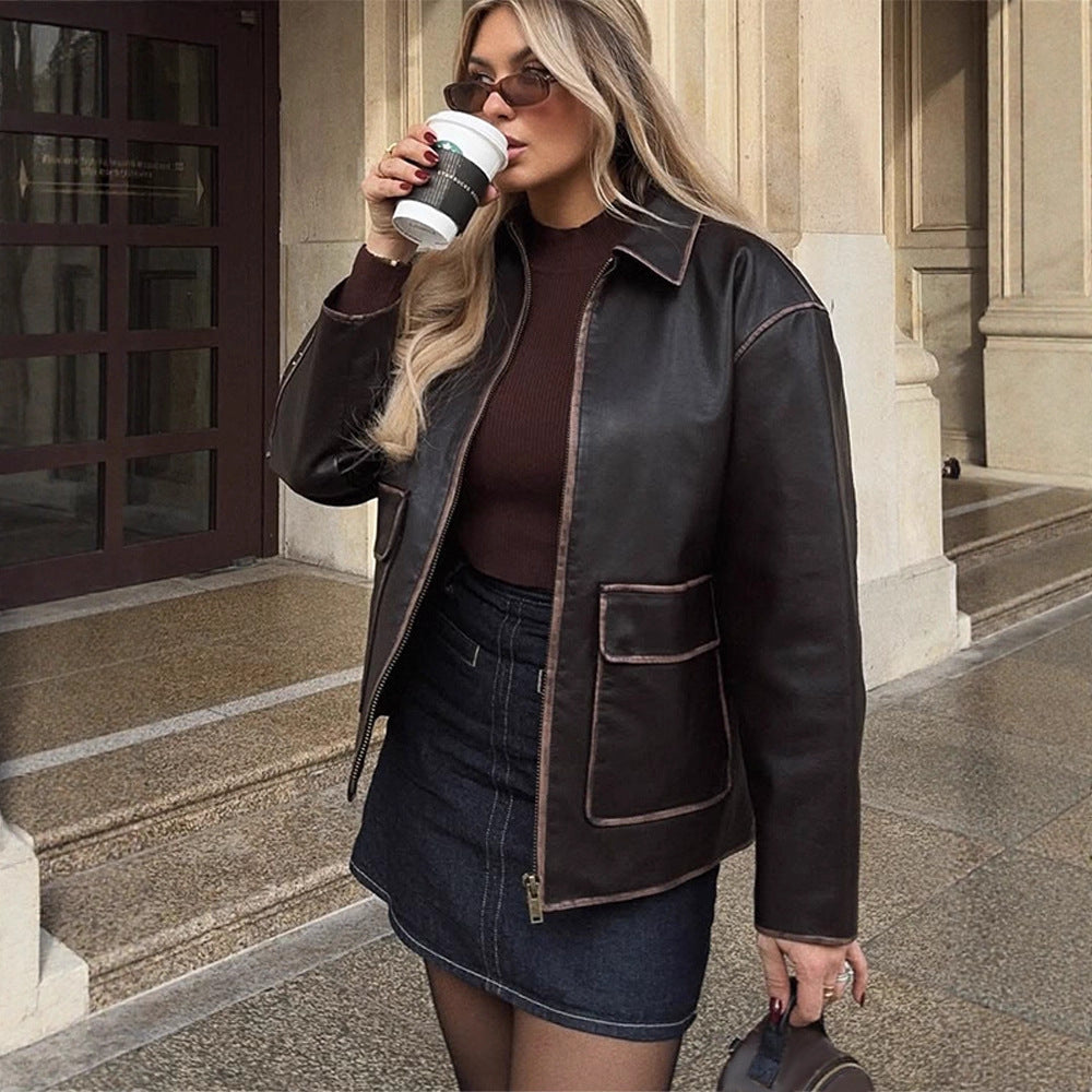 Women's Short Faux Leather Jacket in Aviator Look with Contrasting Decorative Seams Amarae