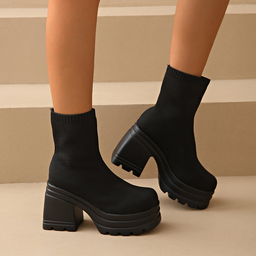 Chunky high heel boots for women with flexible knit design Amarae