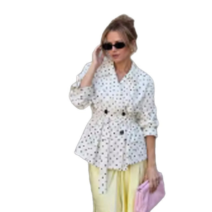 Women’s short trench coat with double breasted front, belt at the waist and polka dot print Amarae