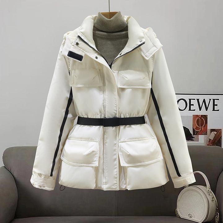 Ladies insulated parka with practical belt at the waist and large pockets Lune London