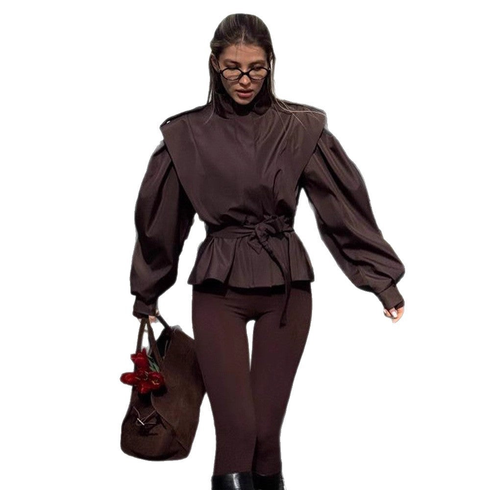 Women's Tailored Peplum Jacket with Tie Belt and Voluminous Sleeves Amarae