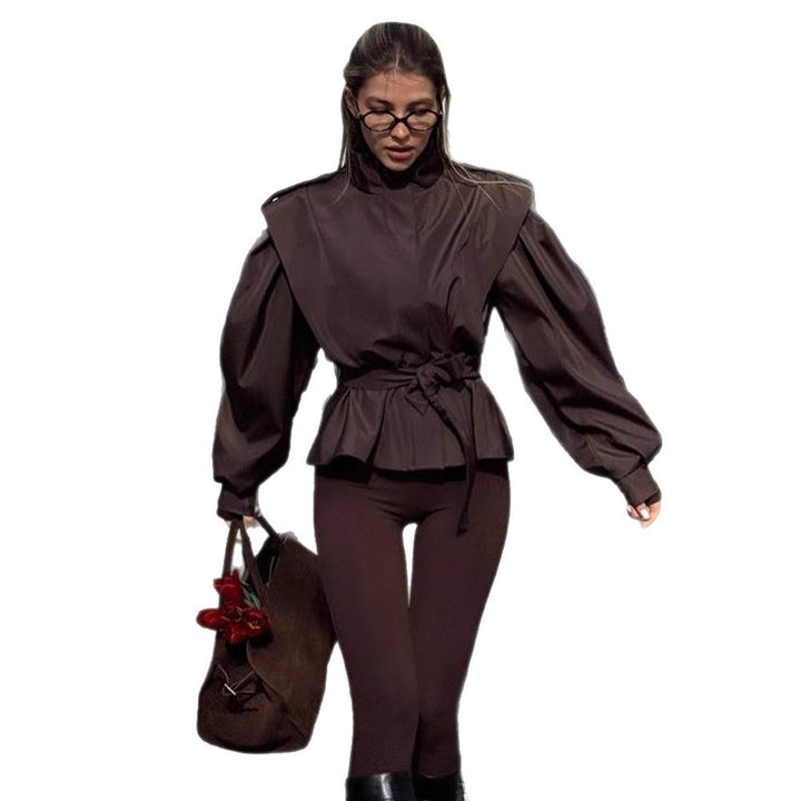 Women's Tailored Peplum Jacket with Tie Belt and Voluminous Sleeves Amarae
