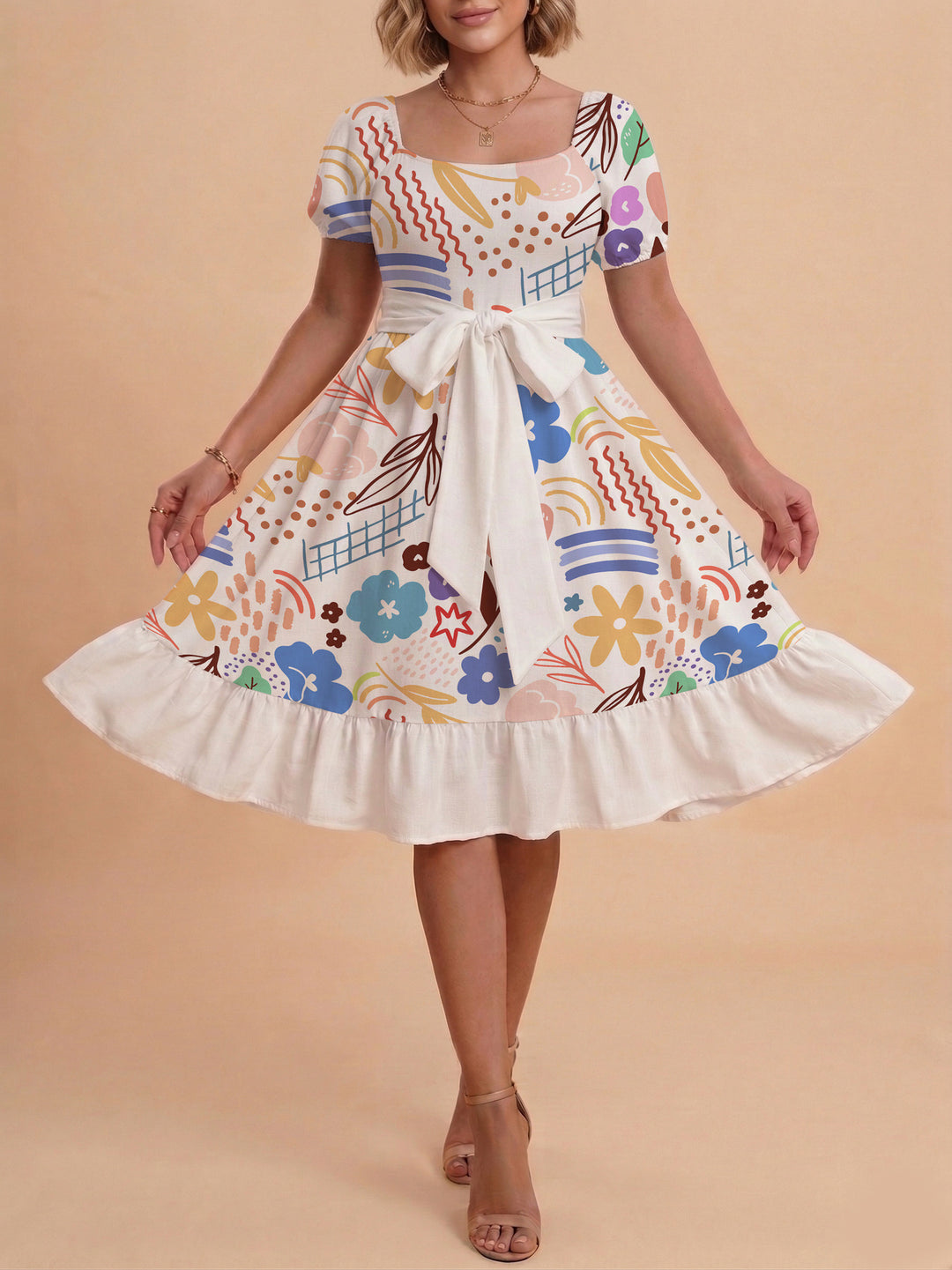 Women's Midi Dress with Elegant Floral Print and Fitted Belt Lune London