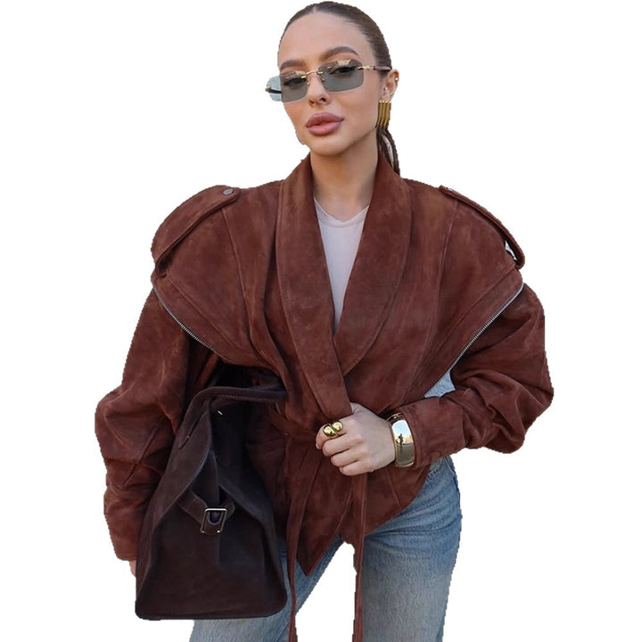 Women's Suede Wrap Jacket with Wide Shawl Collar and Waist Belt Amarae