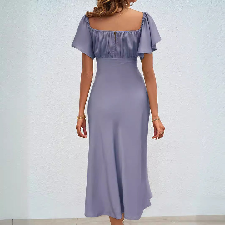 Women's midi dress with voluminous ruffle details and side slit Lune London