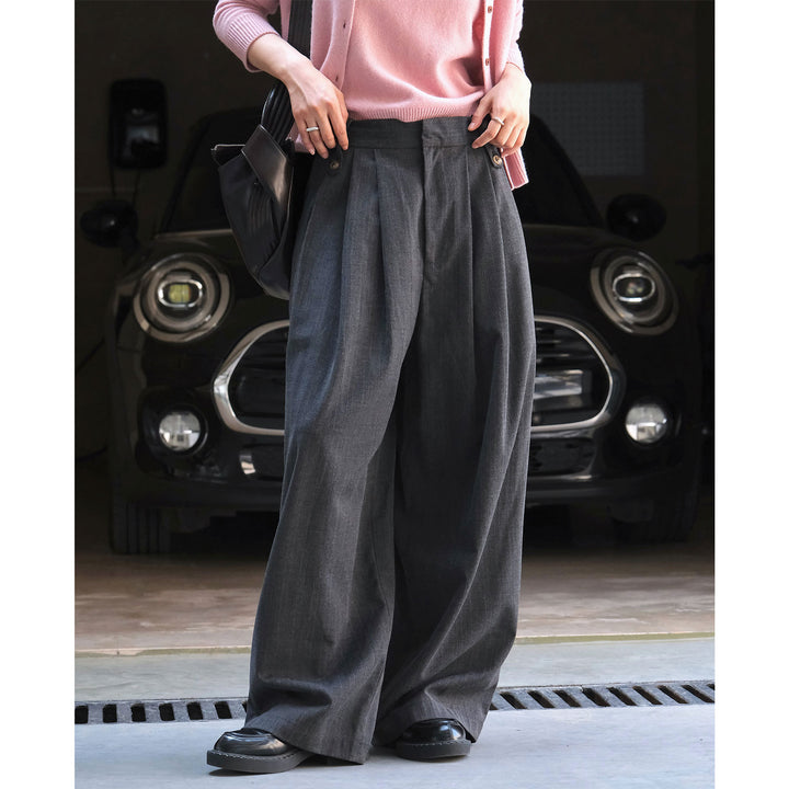 Women's High-Waisted Pleated Wide-Leg Trousers in Palazzo Look with Decorative Buttons Amarae