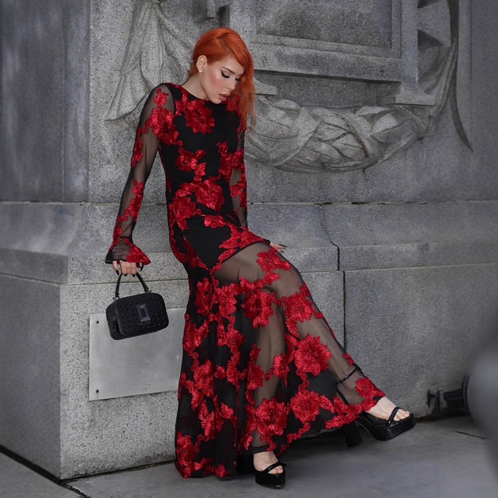 Women’s maxi dress with transparent mesh and floral embroidery Amarae