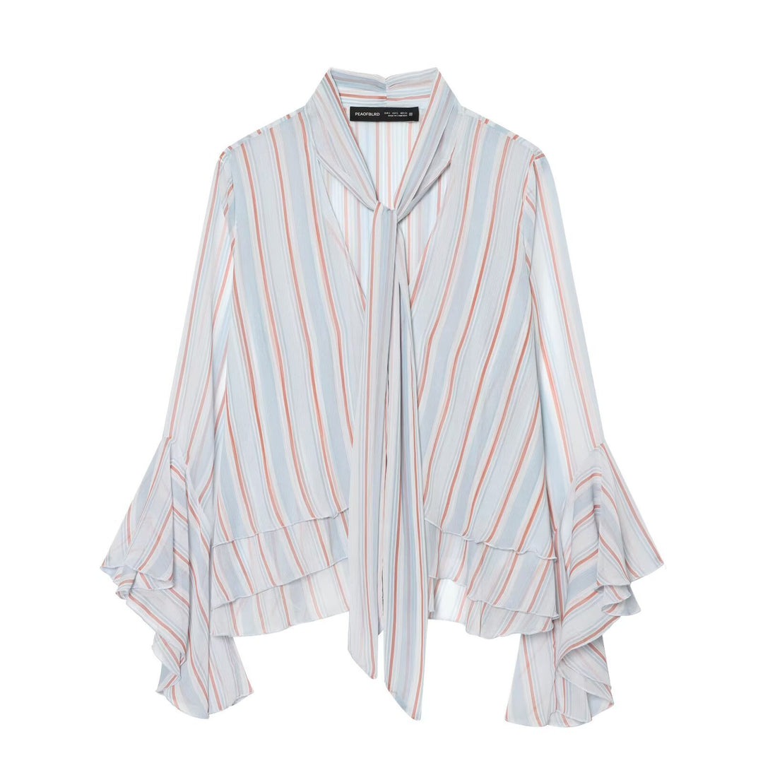 Women Striped Pullover Blouse with Tie and Ruffle Sleeves Amarae
