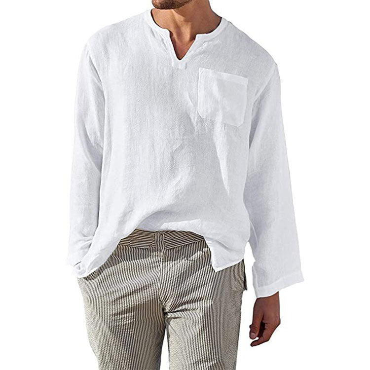 Men's Linen Long Sleeve Shirt with Henley Neckline and Chest Pocket Lune London