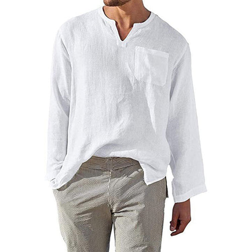 Men's Linen Long Sleeve Shirt with Henley Neckline and Chest Pocket Amarae