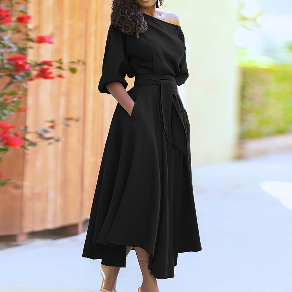 Elegant midi dresses for women with an off-shoulder design and a belt at the waist Lune London