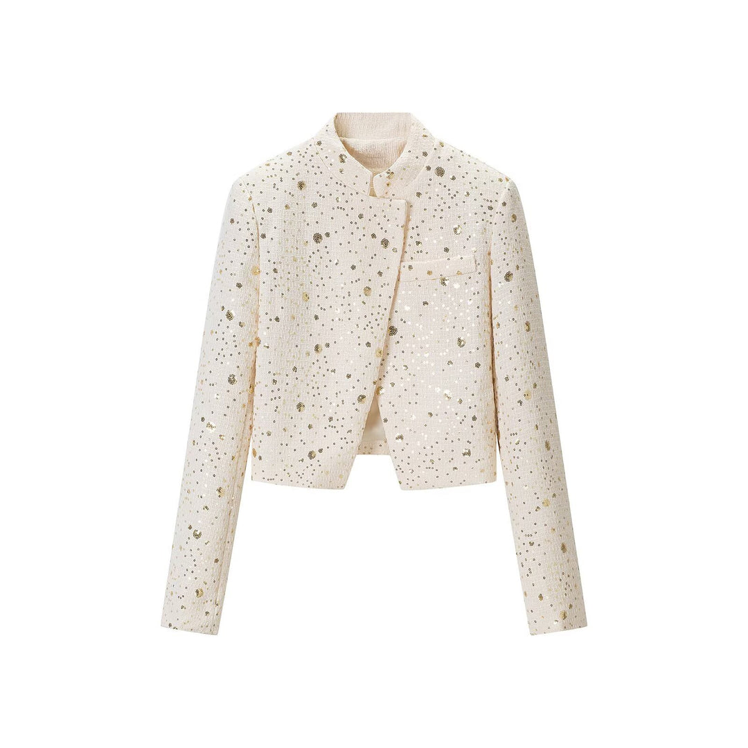 Women's short blazer in bouclé style with stand-up collar and sequin application Amarae