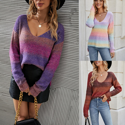 Pull V féminin confortable avec couleur dégradée à la mode Chic & Stil