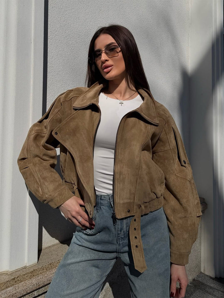 Ladies short-cut suede bomber jacket with belt & oversized sleeves Amarae