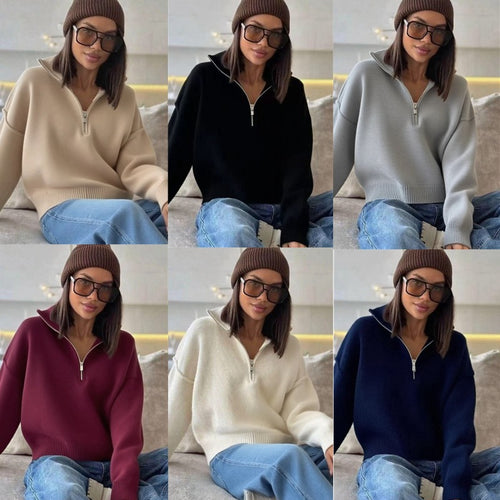 Oversized chunky knit sweater for women with mid-high zipper and chic style