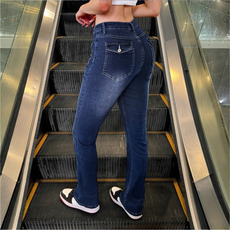 Women's High-Waisted Stretch Jeans with Light Flare and Decorative Pockets Amarae