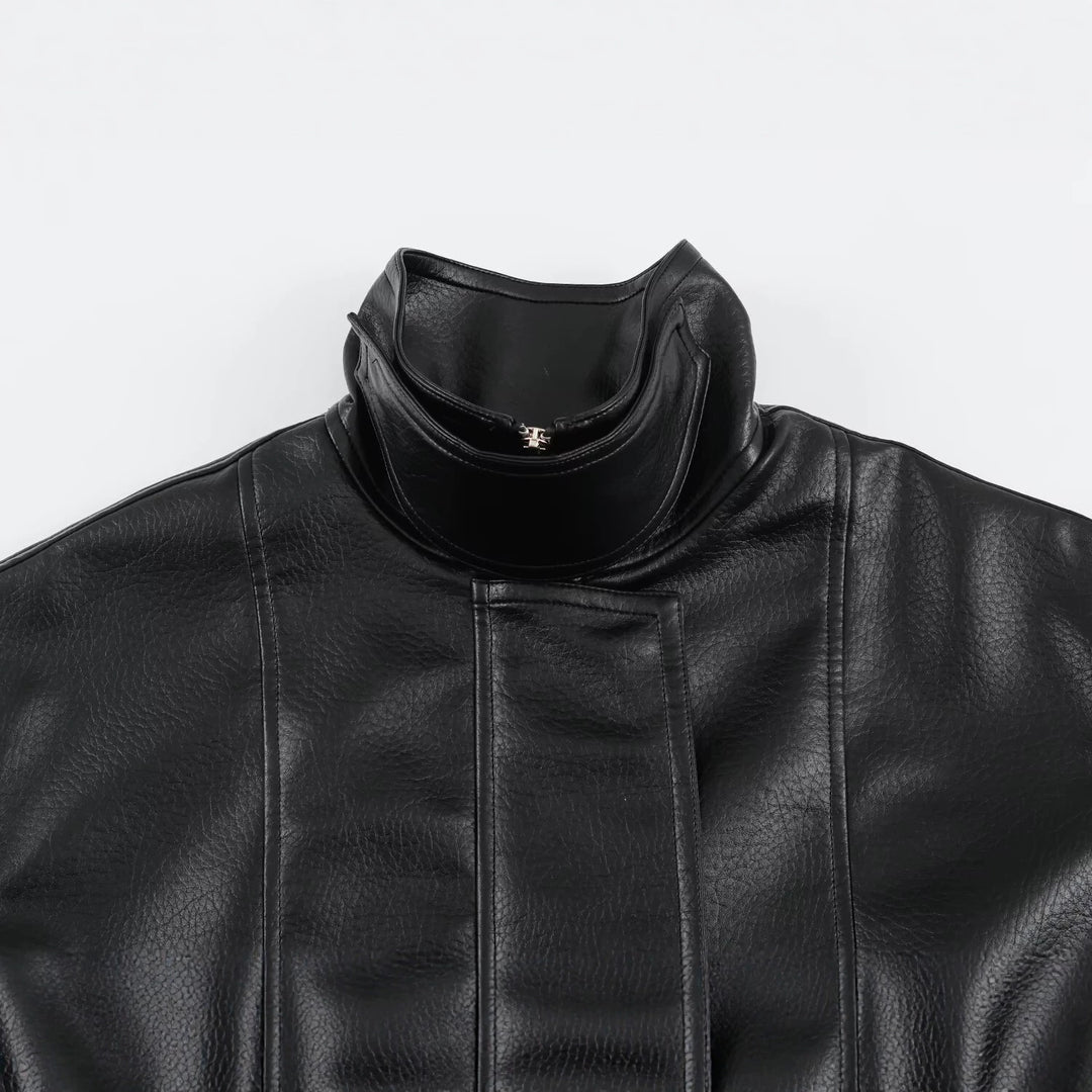 Women's Oversized Faux Leather Jacket with High Funnel Collar and Patch Pockets Amarae