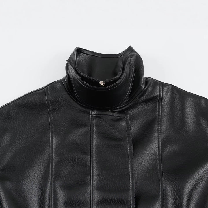 Women's Oversized Faux Leather Jacket with High Funnel Collar and Patch Pockets Amarae