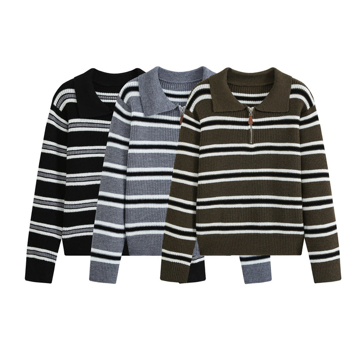Women's Striped Knit Sweater with Polo Collar and Half Zipper Amarae