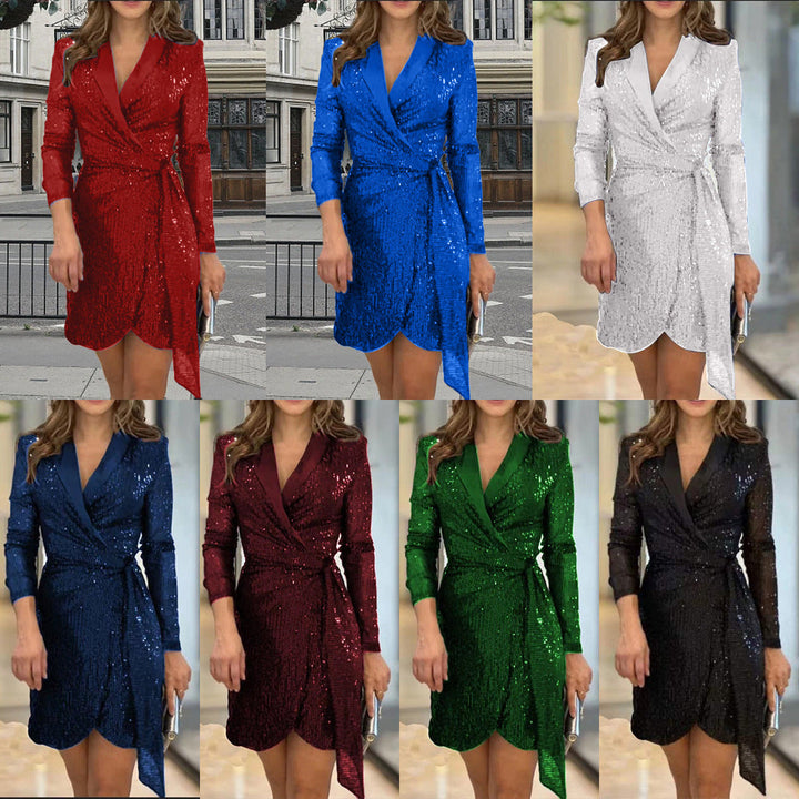 Women Glamorous Sequined Mini Dress with Wrap Design Lune London
