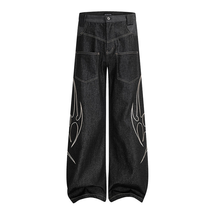 Women's Loose High-Waist Denim Cargo Pants with Flame Embroidery and Patch Pockets Amarae