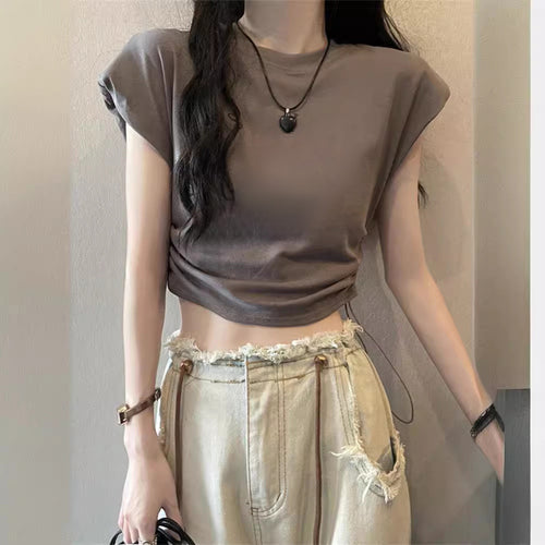 Women's Cropped T-Shirt with adjustable drawstring and trendy puff sleeves