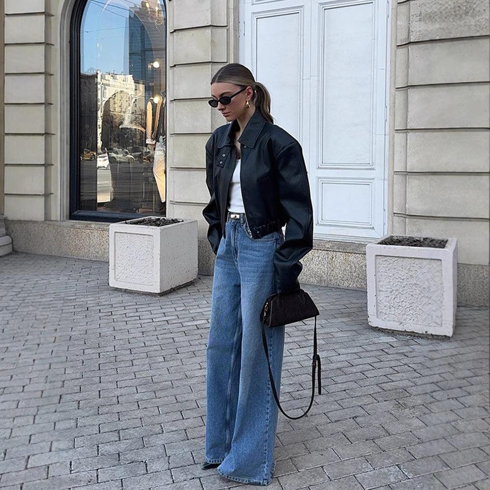 Women's Cropped Oversized Leather Jacket with Shirt Collar, Cropped Silhouette and Extra-Wide Sleeves Amarae