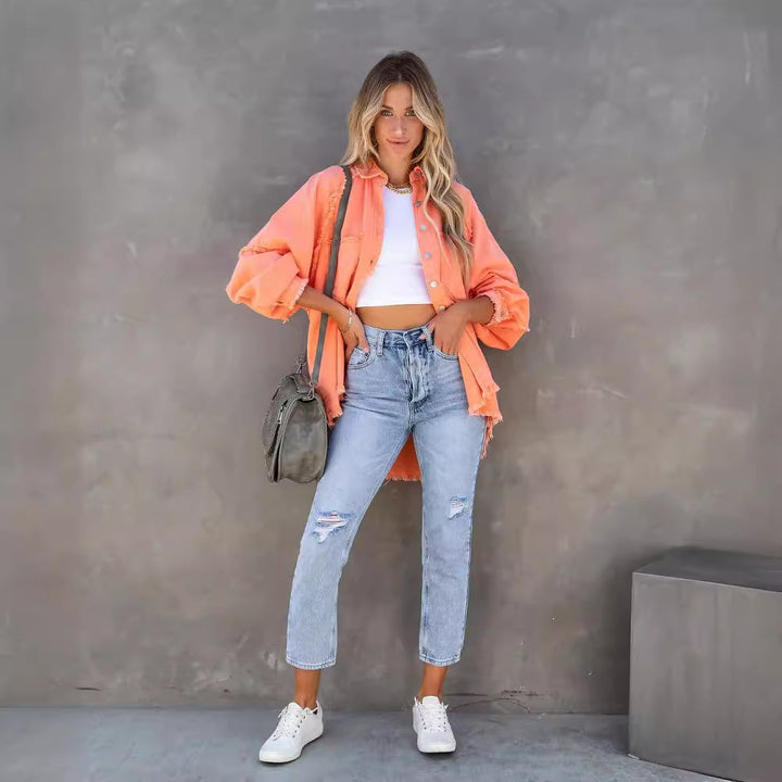 Plus size denim jacket for women with frayed details Lune London
