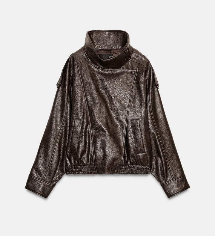 Men's short-cut leather jacket with high stand-up collar and ribbed hem Amarae